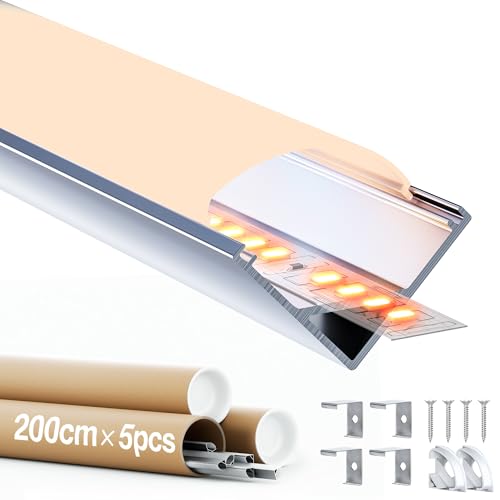 GEEKLUX Eckprofil, 45 Grad V-Form 2m 5 Stück, LED Profil Aus Eloxiertem Aluminium, Schiene und Diffusor, Passend Für Streifen Bis 10mm, Für Eckbeleuchtung (SL09) von GEEKLUX