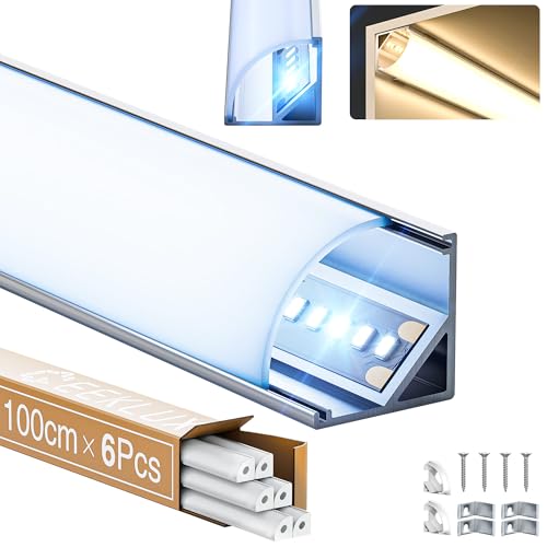GEEKLUX LED Eckprofil Aluminium 1 m x 6 Stück (insgesamt 6 m) für LED Streifen, V-förmiger LED Kanal mit LED Diffusor, 90 Grad LED Schiene, ideal für Decken, Treppen und Ecken - 15,8 x 15,8 mm von GEEKLUX