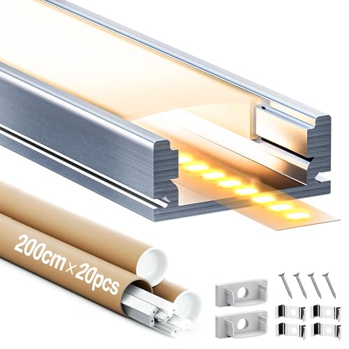 GEEKLUX LED Profil 20 × 2M, LED Aluminium Profil für Den Innenbereich 17.4 × 7mm, LED Schiene U-Form, Mit Milchig Weißem LED Diffusor, LED Kanal für LED Streifen, LED Strips bis 12mm von GEEKLUX