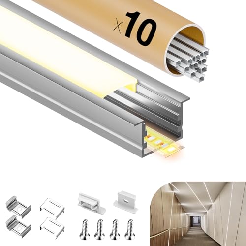 GEEKLUX LED Profil für LED Streifen 2 m x 10 Stück (20 m), Led Aluminium U-Profil bis 15 mm, Milchweiße PC-Abdeckung, led Diffusor, Metallbefestigungsclips - 2000 x 20 x 15 mm von GEEKLUX