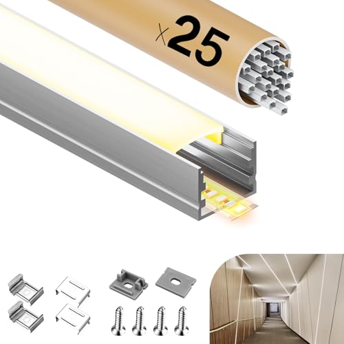 GEEKLUX LED Profil für Led Streifen 2 m x 25 Stück (50 m), Aluminium U-Profil bis 15 mm, Milchweiße PC-Abdeckung, LED Diffusor, Metallbefestigungsclips - 2000 x 20 x 15 mm von GEEKLUX