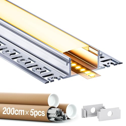 GEEKLUX LED Fliesenprofil 2m 5 Stück und Led strip Profil Unterputz, led Schiene aus Eloxiertem Aluminium, led Kanal für Streifen bis 20mm, Diffusor für Gleichmäßige Lichtverteilung von GEEKLUX