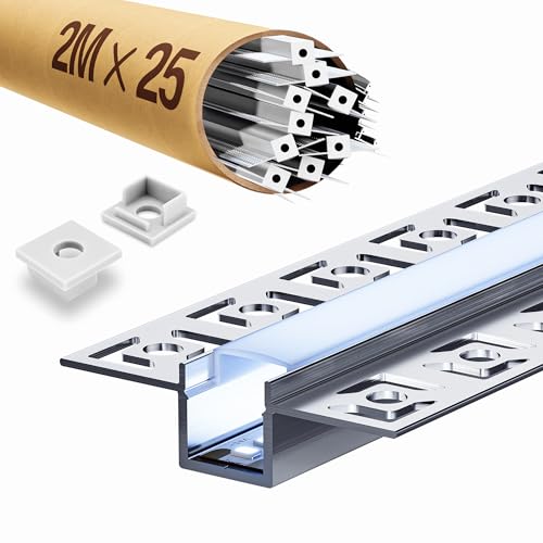 GEEKLUX Led Profil für led Leiste 2 m x 25 Stück 50m, für Trockenbauprofil Leisten für die Decke, Led Schiene Aluprofil und Diffusor -Maße 55,5 mm x 14,9 mm von GEEKLUX