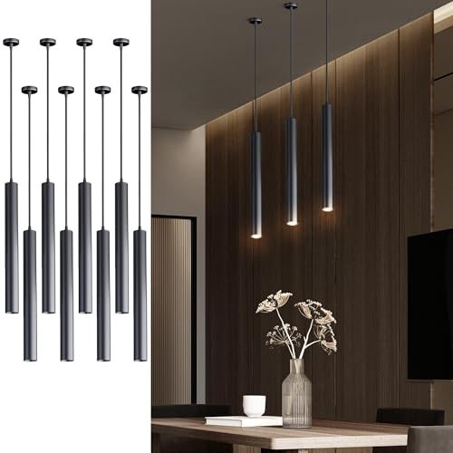 Hängelampe Schwarz 8 Stück, Pendelleuchte Schwarz für Esstisch Wohnzimmer & Schlafzimmer, Moderne COB-LED Zylinder Pendelleuchte Höhenverstellbar in Warmweiß, Blendschutz (10 Watt, L400*55MM, 8 Stück) von GEEKLUX