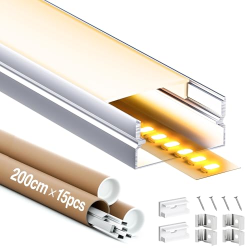 GEEKLUX LED Profil in U-Form und Led Kanalleiste 2m 15 Stück, led Schiene aus Eloxiertem Aluminium, Aluprofil für Led Streifen bis 17mm, Diffusor für Gleichmäßige Lichtverteilung (SL01, 2M 15Stück) von GEEKLUX