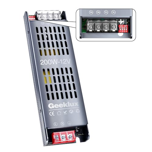 LED Trafo 230V auf 12V 16.6A, 200W Led Netzteil mit 4-Stufen-Dimmung (25%/50%/75%/100%), led Treiber 12V Geräuschloses Power Supply mit Überlast- & Kurzschlussschutz für led Streifen von GEEKLUX