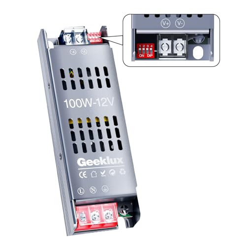 LED Trafo 230V auf 12V 8.3A, 100W Led Netzteil mit 4-Stufen-Dimmung (25%/50%/75%/100%), led Treiber 12V Geräuschloses Power Supply mit Überlast- & Kurzschlussschutz für Led Streifen von GEEKLUX