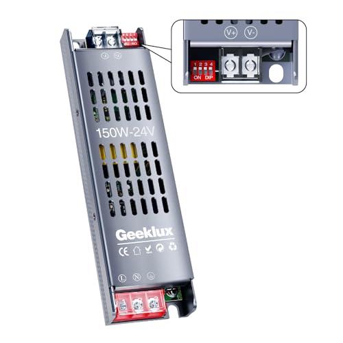 LED Trafo 230V auf 24V 6.25A, 150W LED Netzteil mit 4-Stufen-Dimmung (25%/50%/75%/100%), LED Treiber 24V Geräuschloses Power Supply mit Überlast- Alimentatore von GEEKLUX