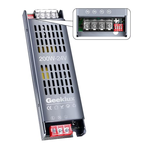 LED Trafo 230V auf 24V 8.3A, 200W Led Netzteil mit 4-Stufen-Dimmung (25%/50%/75%/100%), led Treiber 24V Geräuschloses Power Supply mit Überlast- & Kurzschlussschutz für led Streifen von GEEKLUX