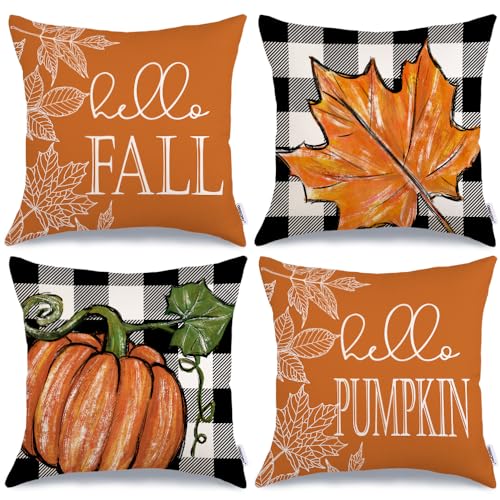 Fall Pillow Covers 20x20 Set of 4 for Fall Decor Buffalo Plaid Pumpkin and Maple Leaves Outdoor Fall Pillows Decorative Throw Pillows Farmhouse Thanksgiving Decorations Autumn Cushion Case for Couch von GEEORY