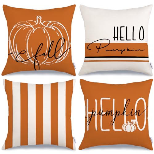 GEEORY Herbstdekor Kissenbezüge 45.7x45.7 cm 4 Stück Hello Kürbis Orange Streifen Herbst Outdoor Streifen Herbst Kissen Dekorative Wurfkissen Bauernhaus Orange Thanksgiving Kissenbezug für Couch Sofa von GEEORY