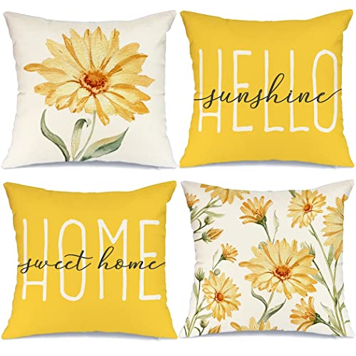 GEEORY Sommer-Kissenbezüge, 45,7 x 45,7 cm, 4er-Set Home Sweet Home Hello Sunhine Sonnenblumen Blumenmuster, Sonnenblumenkissen, Sommerdekor, Kissenbezug für Zuhause G307-18 von GEEORY