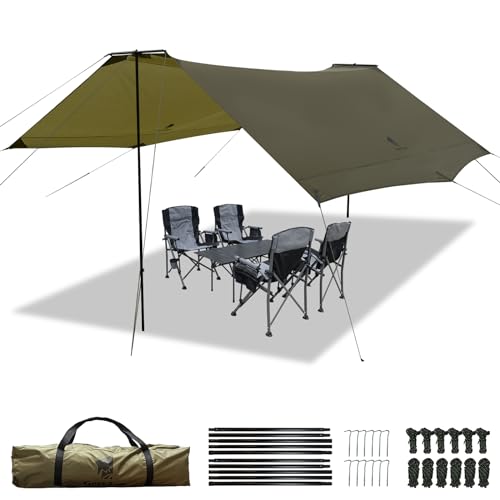 GEERTOP Camping Zeltplane mit Stangen, 4,3 x 3,7 m Extra Große Wasserdichtes Zeltplane Tarp für Camping Wandern Picknick Reisen Strand Outdoor Aktivitäten von GEERTOP