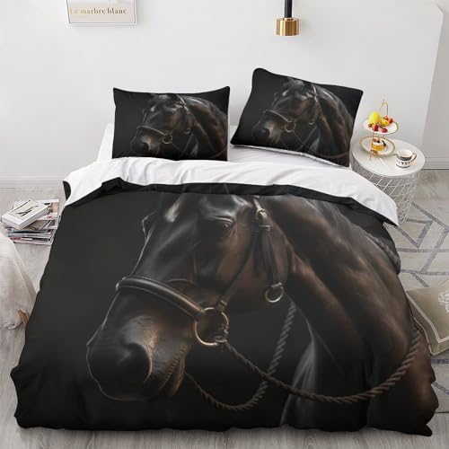 Black Pony Bettbezug Satin Steppdeckenbezug Reißverschluss Bed Linen Sets Verschiedene Größen Pferde Bettdeckenbezug Wärme Zum Schlafen Quilt Cover Set Double（200x200cm） von GEEYOU