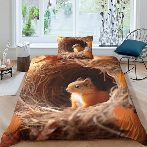 Cute Animals Bettbezug Schlafhilfe Eichhörnchen Steppdeckenbezug Mit Liebe Bed Linen Sets Wärme Zum Schlafen Bettdeckenbezug Verschiedene Größen Bettwäsche Set Single（135x200cm） von GEEYOU