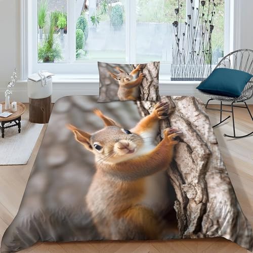 Cute Animals Waschbar Bed Linen Sets Zip-Verschluss Eichhörnchen Bettdeckenbezug Satin Bettbezug Mit Kopfkissenbezügen Bettwäsche Set Verschiedene Größen Single（135x200cm） von GEEYOU