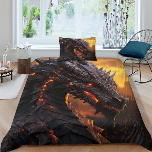 Drache Bettbezug Satin Steppdeckenbezug Reißverschluss Bed Linen Sets Verschiedene Größen Drache King Bettdeckenbezug Wärme Zum Schlafen Quilt Cover Set Single（135x200cm） von GEEYOU