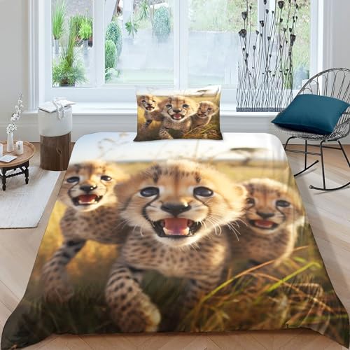 GEEYOU Baby Leopard Bettwäsche Set Satin Cheetah Bettdeckenbezug Luxuriös Bedding Set Schlafhilfe Bettbezug Atmungsaktiv Steppdeckenbezug Für Jungen Und Mädchen Single（135x200cm） von GEEYOU