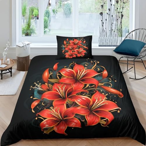 GEEYOU Blooming Flowers Bettwäsche Set Wärme Lilien Steppdeckenbezug Farbig Bedding Set Weichs Bed Linen Sets Atmungsaktiv Bettbezug Für Jungen Und Mädchen Single（135x200cm） von GEEYOU