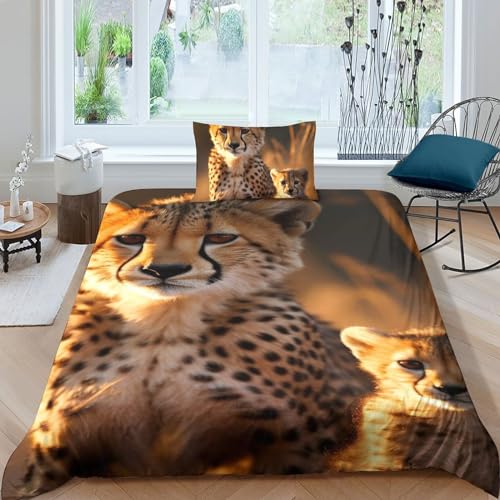 GEEYOU Cheetah Bed Linen Sets Mikrofaser Steppdeckenbezug Reißverschluss Jaguar Bettdeckenbezug Weichs Bettwäsche Set Verstecktes Scharnier Bettbezug Single（135x200cm） von GEEYOU