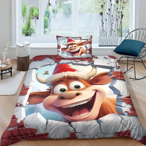 GEEYOU Christmas Cow Bed Linen Sets Microfaser Weihnachten Bettdeckenbezug Reißverschluss Bettbezug Weichs Bettwäsche Set Wärme Quilt Cover Set Für Erwachsene Und Kinder Single（135x200cm） von GEEYOU