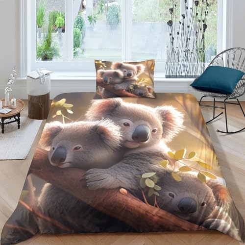 GEEYOU Cute Animal Bettdeckenbezug Schlafhilfe Bettwäsche Weichs Steppdeckenbezug Kissenbezug Koala Bed Linen Sets Mikrofaser Bettwäschegarnitur Atmungsaktiv Bettbezug Single（135x200cm） von GEEYOU