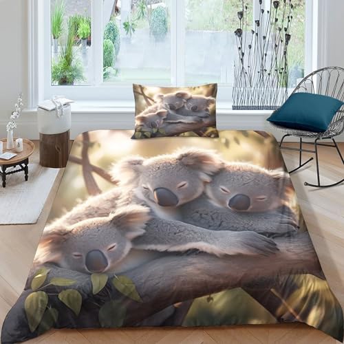 GEEYOU Cute Animal Bettwäsche Weich & Bügelfrei Koala Bettbezüge Mit Reißverschluss Bedding Set Mit Kissenbezüge Microfaser Baumwolle Erwachsene Und KinderSingle（135x200cm） von GEEYOU