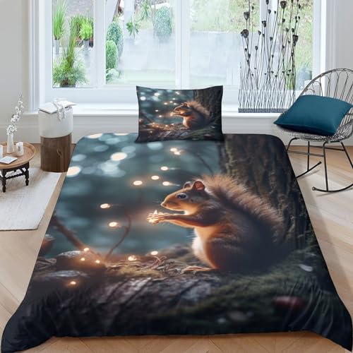 GEEYOU Cute Animals Bed Linen Sets Mikrofaser Steppdeckenbezug Reißverschluss Eichhörnchen Bettdeckenbezug Weichs Bettwäsche Set Verstecktes Scharnier Bettbezug Single（135x200cm） von GEEYOU