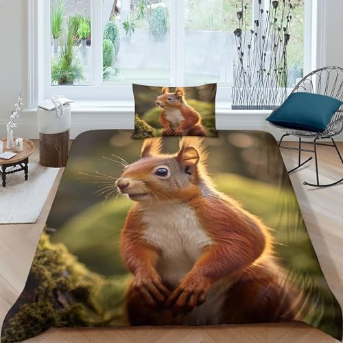 GEEYOU Cute Animals Bettbezug Mit Kopfkissenbezügen Bettdeckenbezug Luxuriös Steppdeckenbezug Schlafhilfe Eichhörnchen Bettwäsche Garnitur Wärme Zum Schlafen Bedding Sets Single（135x200cm） von GEEYOU