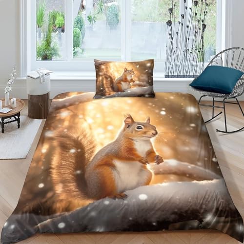 GEEYOU Cute Animals Bettwäsche Mit Kissenbezügen Microfaser Eichhörnchen Bettbezug Und Kissenbezug Baumwolle Steppdeckenbezug Set Mit Reißverschluss Bettdeckenbezug Single（135x200cm） von GEEYOU