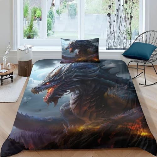 GEEYOU Drache Bettbezug Microfaser Drache King Steppdeckenbezug Reißverschluss Bed Linen Sets Zip-Verschluss Bettdeckenbezug Atmungsaktiv Waschbar Bettwäsche Set Single（135x200cm） von GEEYOU