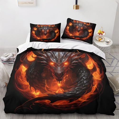 GEEYOU Drache Bettwäsche Set Komfortabel Drache King Quilt Cover Set Weichs Bettdeckenbezug Reißverschluss Bed Linen Sets Farbig Bettbezug Für Jungen Und Mädchen Double（200x200cm） von GEEYOU