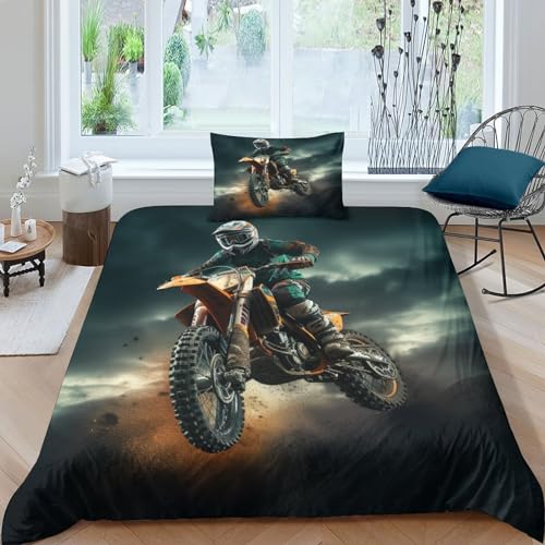 GEEYOU Motorcycle Race Bettbezug Baumwolle Motocross Steppdeckenbezug Reißverschluss Bed Linen Set Luxuriös Bettdeckenbezug Zip-Verschluss Bettwäsche Set Mit Kopfkissenbezügen Single（135x200cm） von GEEYOU