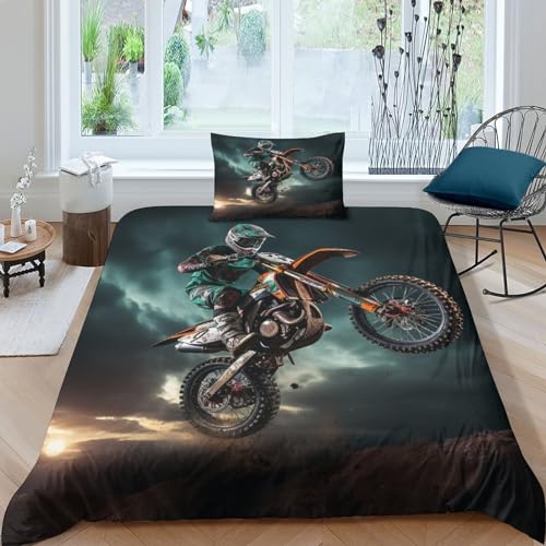 GEEYOU Motorcycle Race Bettwäsche Bedruckte Gebürstet Weichs Motocross Bettwäsche Tröster Set Baumwolle Bettbezug, Mikrofaser Bettbezug Mit Reißverschluss Für Erwachsene Und Kinder Single（135x200cm） von GEEYOU