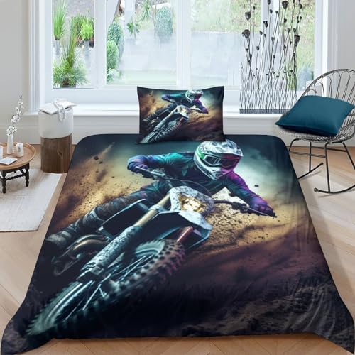 GEEYOU Motorcycle Race Bettwäsche Kissenbezug Motocross Bettdeckenbezug Luxuriös Bettbezug Wärme Steppdeckenbezug Set Komfortabel Bed Linen Sets Für Jungen Und Mädchen Single（135x200cm） von GEEYOU