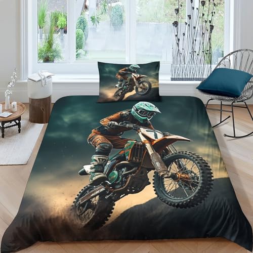 GEEYOU Motorcycle Race Bettwäsche Mit Kissenbezügen Microfaser Motocross Bettbezug Und Kissenbezug Baumwolle Steppdeckenbezug Set Mit Reißverschluss Bettdeckenbezug Single（135x200cm） von GEEYOU