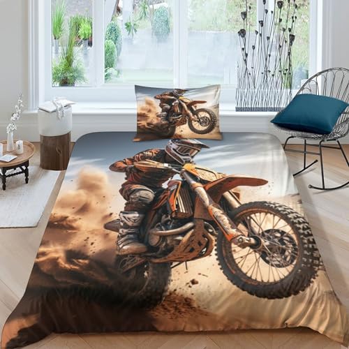 GEEYOU Motorcycle Race Luxuriös Bettwäsche Bettbezug Set Microfaser Motocross Bettwäschegarnitur Mit Gedruckt Reissverschluss Weichs Bettdeckenbezug Für Erwachsene Und Kinder Single（135x200cm） von GEEYOU