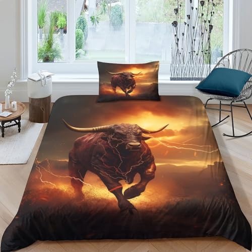 GEEYOU Rasender Stier Microfaser Bettbezug Luxuriös Baumwolle Bison Bedding Set Mit Reißverschluss, Steppdeckenbezug Weichs Bettwäsche Set Für Erwachsene Und Kinder Single（135x200cm） von GEEYOU