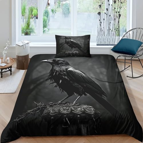 GEEYOU Raven Bettwäsche Mit Kissenbezügen Microfaser Krähen Bettbezug Und Kissenbezug Baumwolle Steppdeckenbezug Set Mit Reißverschluss Bettdeckenbezug Single（135x200cm） von GEEYOU