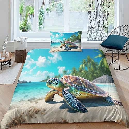 GEEYOU Schildkröten Bedding Sets Wärme Steppdeckenbezug Wärme Zum Schlafen Sea World Bettdeckenbezug Verstecktes Scharnier Bettwäsche Set Reißverschluss Bettbezug Single（135x200cm） von GEEYOU