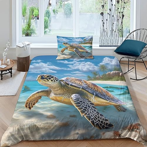 GEEYOU Schildkröten Bettwäsche Kissenbezug Sea World Bettdeckenbezug Luxuriös Bettbezug Wärme Steppdeckenbezug Set Komfortabel Bed Linen Sets Für Jungen Und Mädchen Single（135x200cm） von GEEYOU