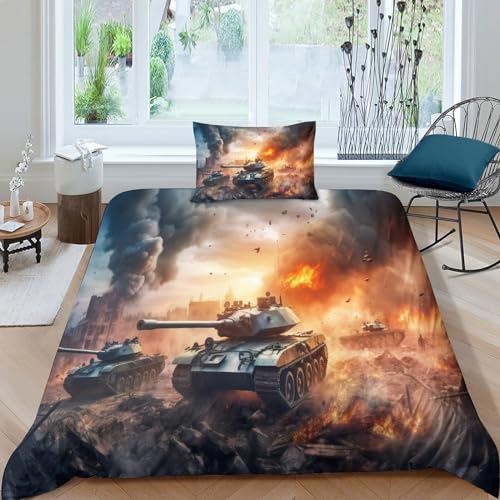 GEEYOU Tank Luxuriös Bettwäsche Bettbezug Set Microfaser Armoured Bettwäschegarnitur Mit Gedruckt Reissverschluss Weichs Bettdeckenbezug Für Erwachsene Und Kinder Single（135x200cm） von GEEYOU