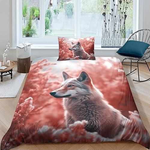 GEEYOU Wolf Bettbezug Baumwolle Fox-Wolf Steppdeckenbezug Reißverschluss Bed Linen Set Luxuriös Bettdeckenbezug Zip-Verschluss Bettwäsche Set Mit Kopfkissenbezügen Single（135x200cm） von GEEYOU