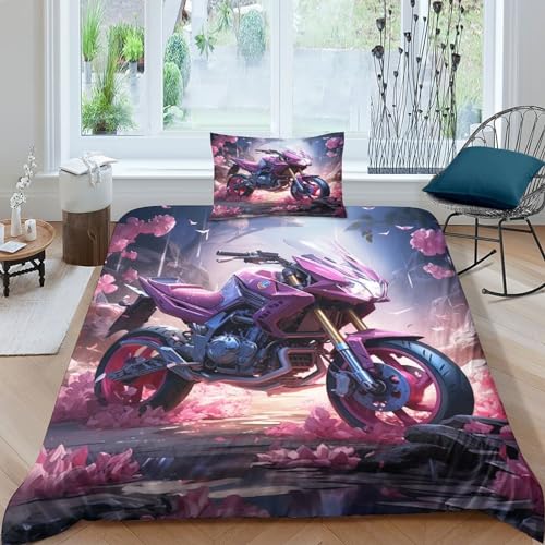 Motorrads Bettwäsche Set Wärme Zum Schlafen Bettdeckenbezug Kissenbezug Bed Linen Sets Schlafhilfe Rosen Bettbezug Verschiedene Größen Single（135x200cm） von GEEYOU