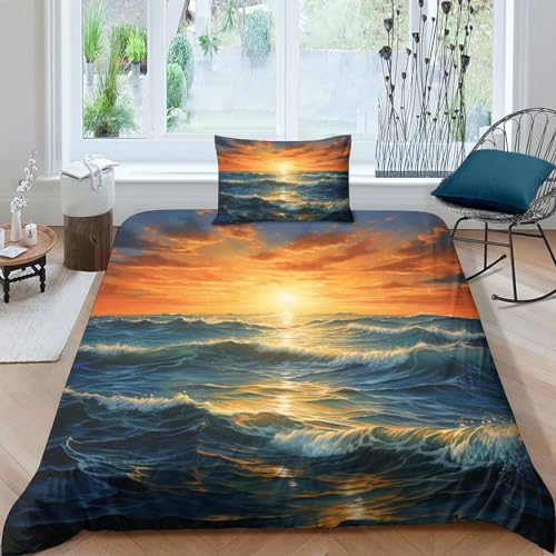 blaues Meer Bettwäsche Atmungsaktiv Bettdeckenbezug Verschiedene Größen Wave Bettbezug Luxuriös Duvet Cover Set Reißverschluss Bed Linen Sets Single（135x200cm） von GEEYOU