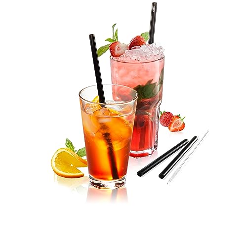 GEFU 12707 Glasstrohhalme FUTURE, 4er-Pack 23 cm schwarz, wiederverwendbare und plastikfreie Glas-Trinkhalme + Reinigungsbürste von GEFU