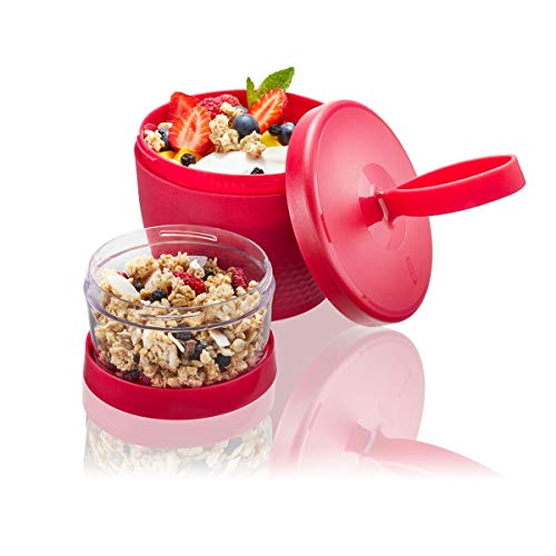 GEFU 12762 Snack Box FOODIE, Müslibecher für unterwegs, Joghurt Salat Suppen, Becher to Go, auslaufsicher, 2 Behälter (570 ml und 185 ml), rot von GEFU