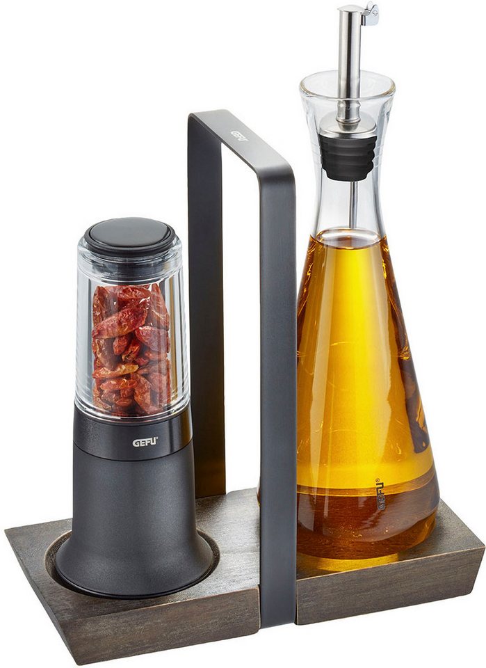 GEFU Menage-Set Essig- und Öl-Set X-PLOSION, (Set, 5-tlg., 2 Essig-Öl-Spender, 2 Edelstahlausgießer, 1 Menage), Kristallglas, Tropfsicher, Verschlusskappe, Holzmenage von GEFU