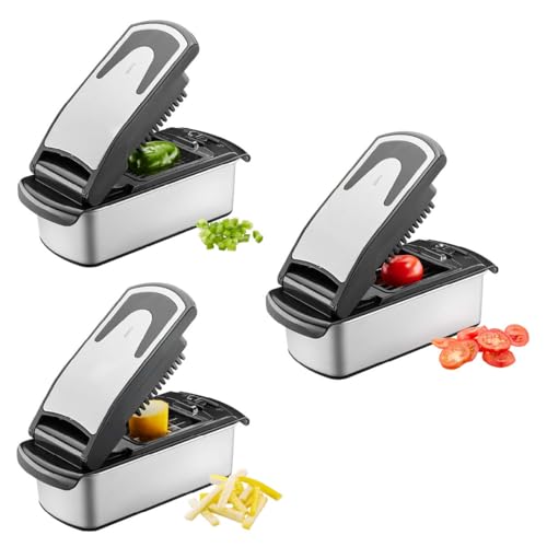 GEFU TREPPO 2.0 Würfel‑Stifte‑Schneider Edelstahl 1 l | 3 Einsätze für Würfel, Stifte & Scheiben | Rutschfester Auffangbehälter, spülmaschinengeeignet von GEFU