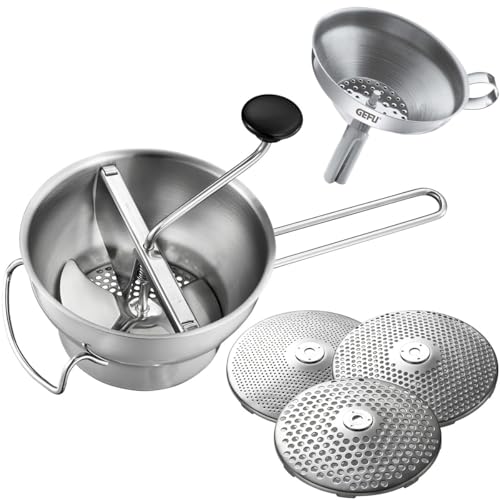 Küchenhelfer Set: GEFU Passiergerät Flotte Lotte® & GEFU Einfülltrichter VERSARE - manuelle Edelstahl-Passiermühle inkl. 3 Lochscheiben von GEFU